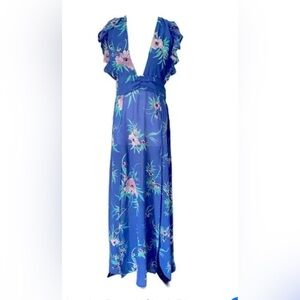 NWOT America & Beyond Blue Ruffle Tropical Ruffle Sleeve Maxi Dress (XL)